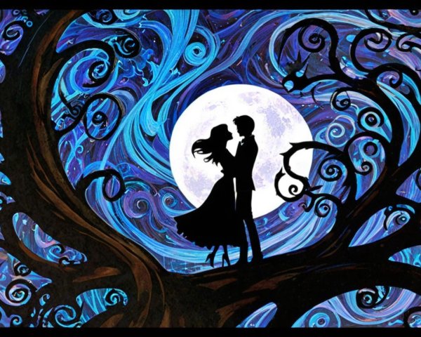 Romantic Silhouette of Couple Under Full Moon