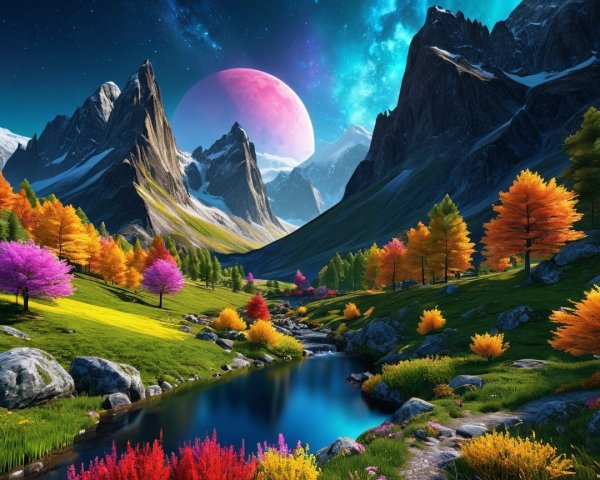 Vibrant Landscape with Colorful Foliage and Mountains