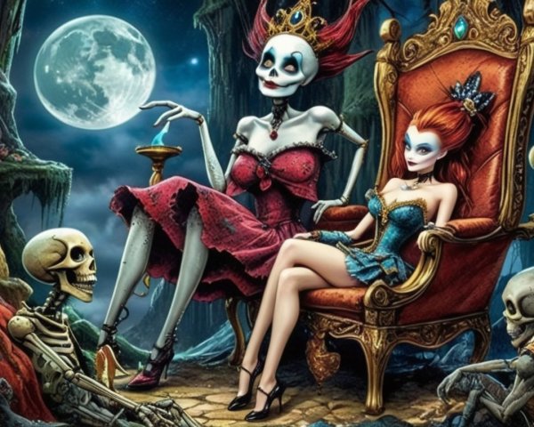 Regal Skeleton Queen and Glamorous Woman in Enchanting Scene