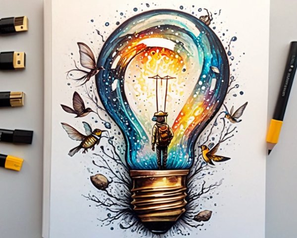 Young figure in light bulb with cosmic colors