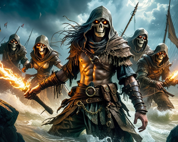 Skeletal Figures with Glowing Weapons on Rocky Shore