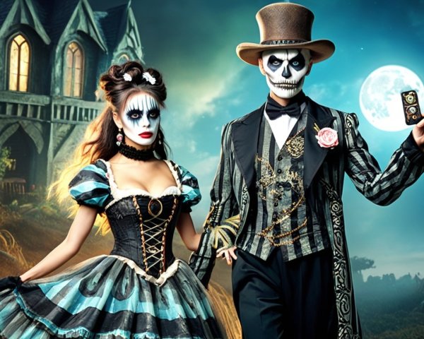 Couple in Spooky Costumes Under Moonlit Sky