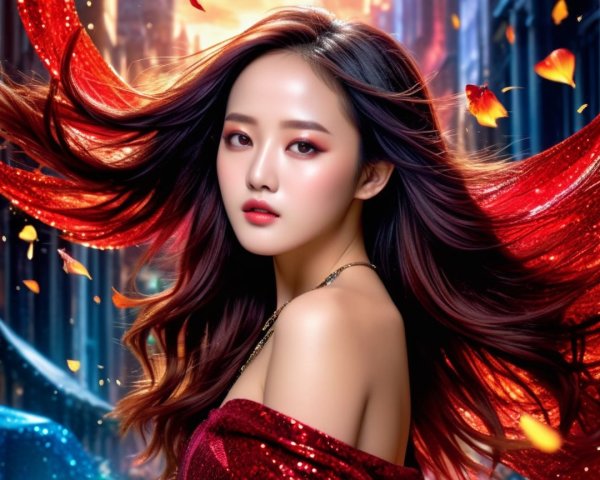Portrait of a Young Woman in a Mystical Cityscape