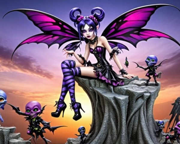 Gothic Fairy with Butterfly Wings in Sunset Scene