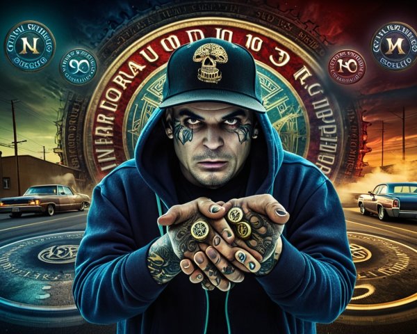 Tattooed Man with Coins in Urban Setting