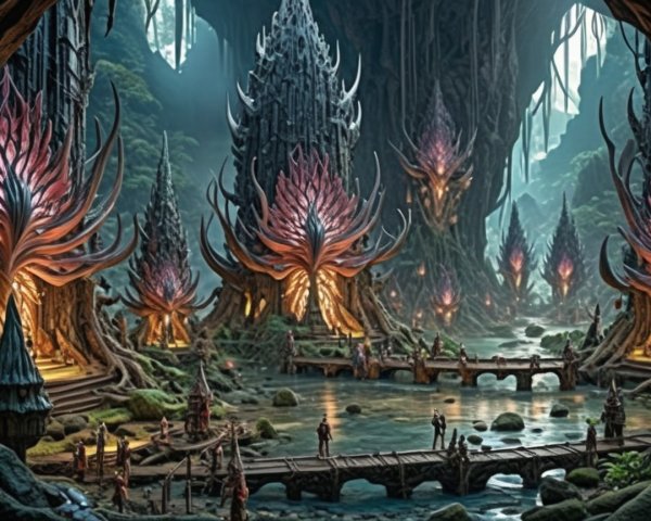 Mystical Forest with Floral Structures and Bioluminescence