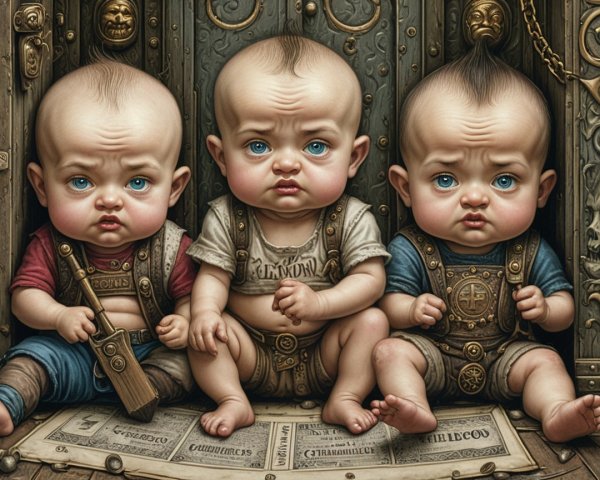 Stylized Chubby Infants with Vintage Outfits and Blue Eyes