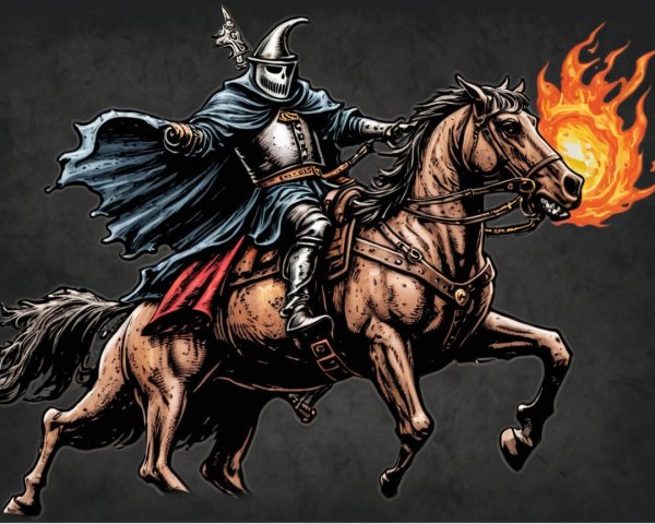 Dark Knight in Armor with Fiery Sphere on Horse