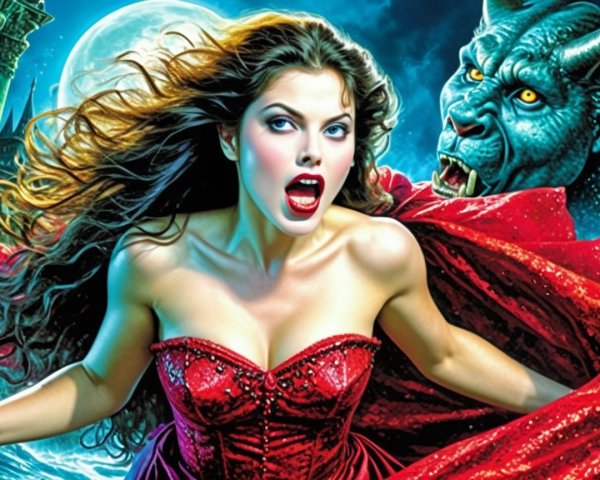 Dramatic scene of a woman in a red gown with creature