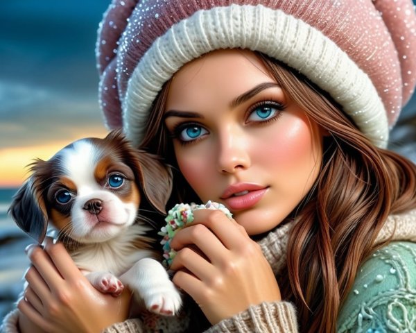 Woman with Blue Eyes and Puppy Against Soft Sky