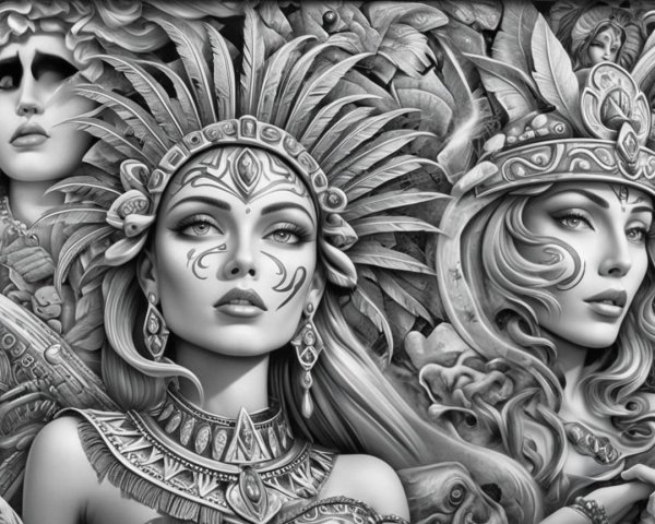 Black and White Illustration of Majestic Tribal Figures