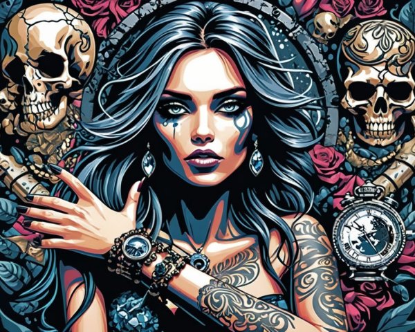 Striking Woman with Tattoos Amid Roses and Skulls