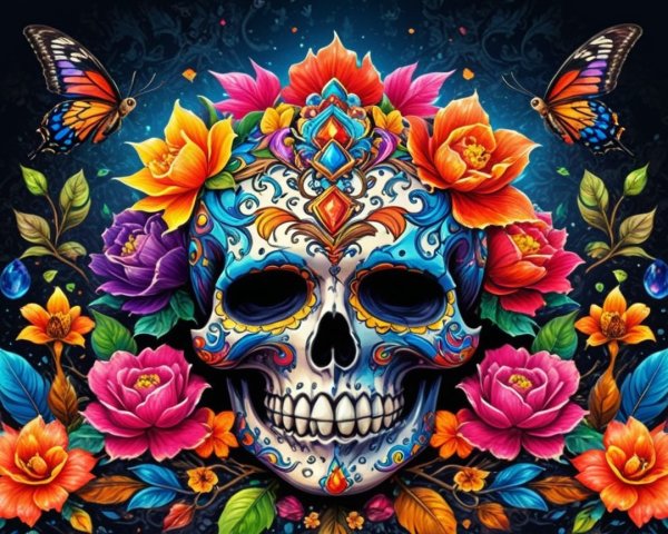 Vibrant Sugar Skull with Colorful Flowers and Butterflies