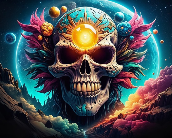 Surreal Artwork of a Skull with Cosmic Elements