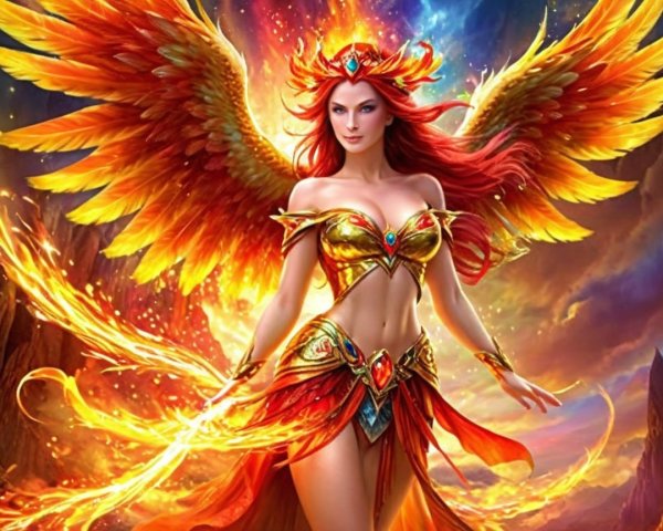 Mythical Phoenix Warrior in Vibrant Red and Gold