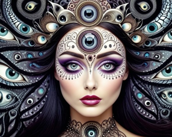 Woman with Intricate Eye-Themed Makeup and Patterns