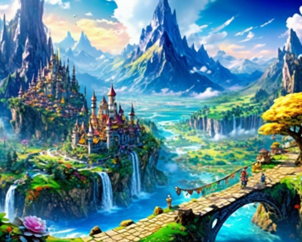 Vibrant Castle Surrounded by Lush Green Hills and Waterfalls