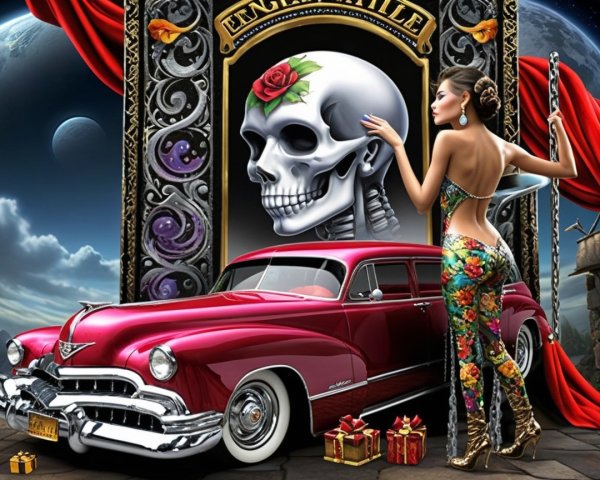 Vibrant Scene with Classic Car, Floral Figure, and Skull