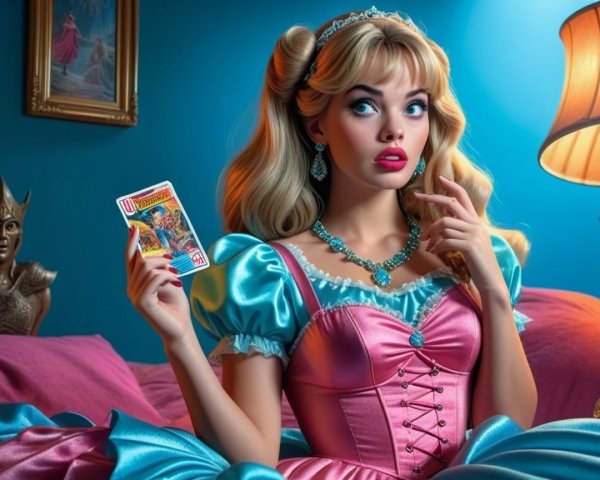 Glamorous Woman in Whimsical Room with Colorful Card