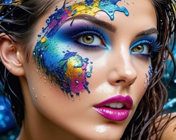 Close-up of a woman with vibrant artistic makeup
