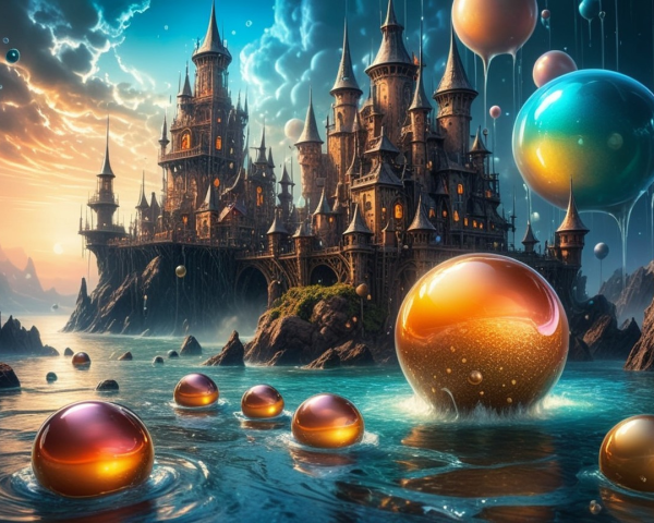 Majestic castle on rocky shores with colorful waters