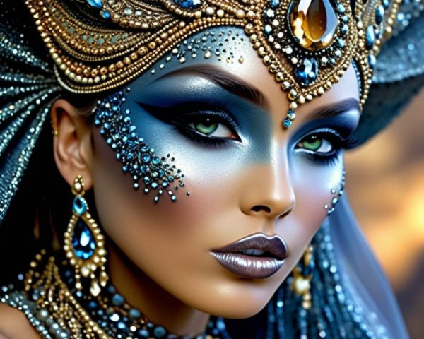 Striking Woman with Elaborate Makeup and Jewelry