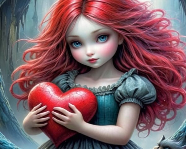 Young girl in mystical forest with red heart