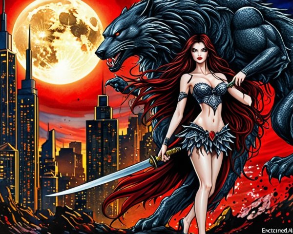 Warrior Woman with Sword and Wolf in Night Cityscape