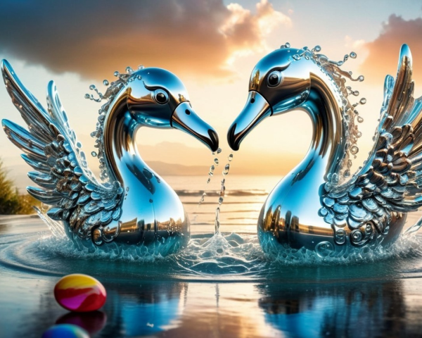 Metallic swans in tranquil pool with sunset backdrop