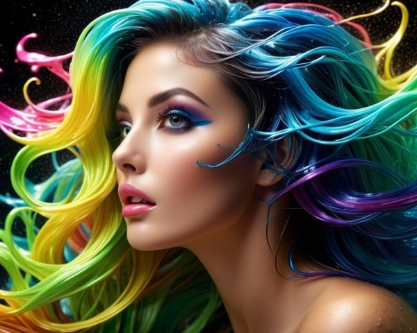 Portrait of a woman with vibrant rainbow-colored hair
