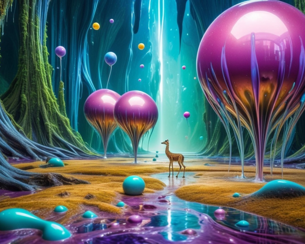 Surreal Landscape with Vibrant Spheres and Giraffe