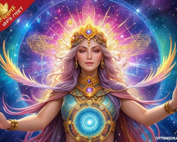 Ethereal Goddess in Cosmic Background with Golden Attire
