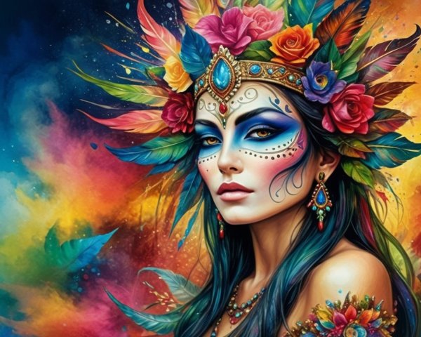 Vibrant Portrait of Woman with Feathered Headdress