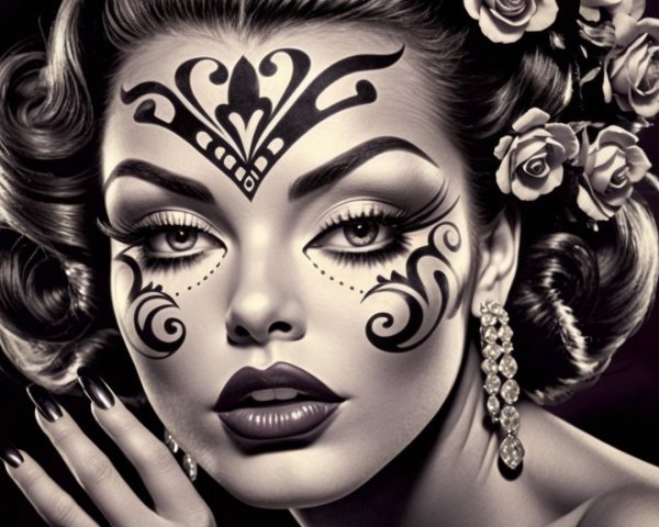 Monochromatic Portrait of a Woman with Facial Artistry