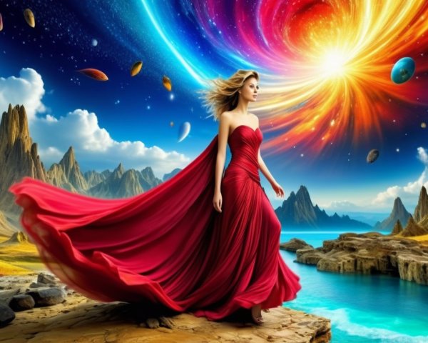 Woman in Red Gown Against Cosmic Landscape and Mountains