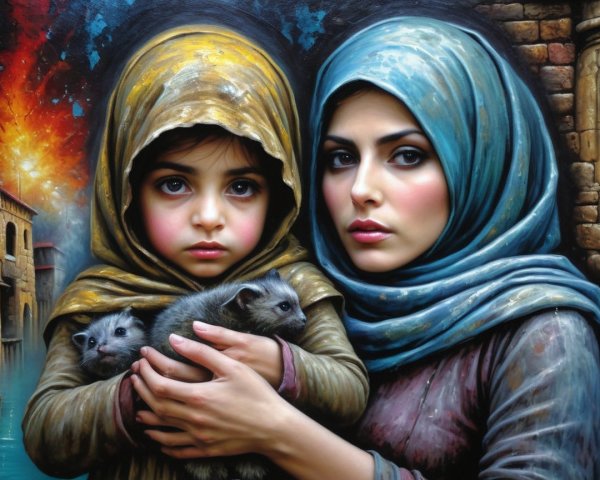 Woman and girl with headscarves in a dramatic landscape