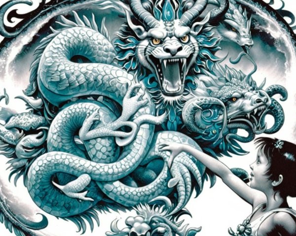 Mythical Dragon and Curious Girl Artwork Description