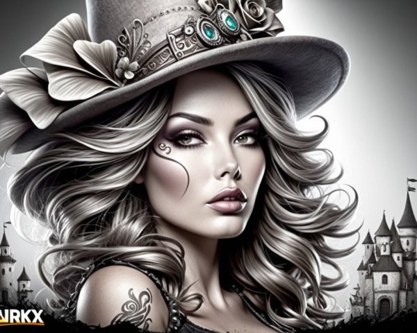 Glamorous Woman with Silver Hair and Fantasy Castle