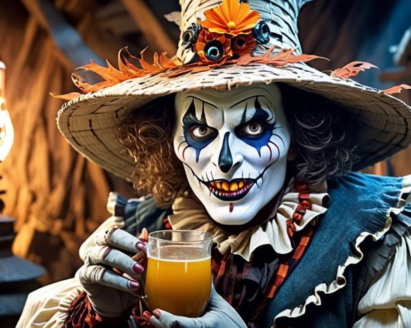 Scarecrow Figure with Autumn Leaves in Dim Lighting