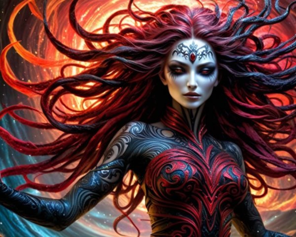 Gothic Figure with Red Hair Against Cosmic Background