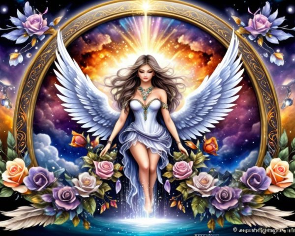 Celestial Figure with Radiant Wings and Roses