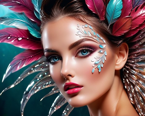 Portrait of a woman with blue eyes and dramatic makeup