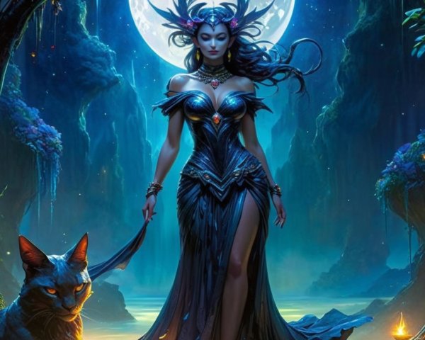 Majestic sorceress in a mystical forest at night