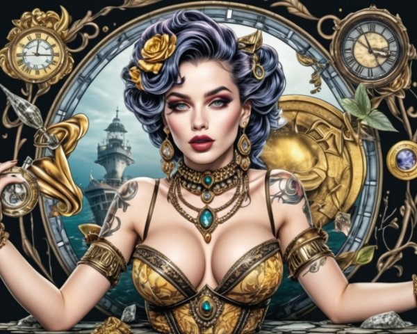 Glamorous Woman with Purple Hair in Golden Dress