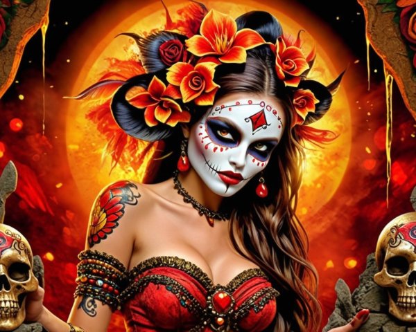 Day of the Dead Woman in Red Dress with Sugar Skull Makeup