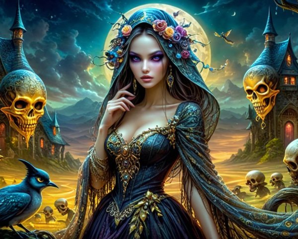 Mystical Woman in Black Gown Against Full Moon Scene