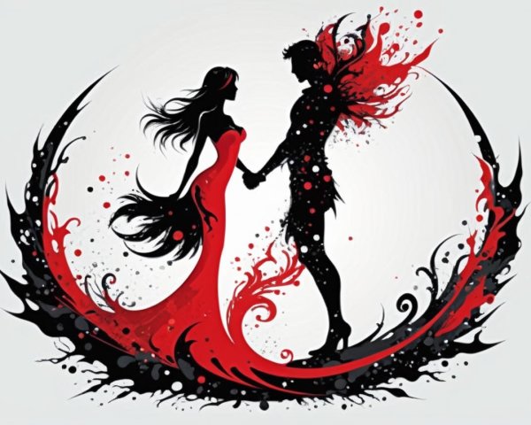 Silhouette of Couple with Abstract Red and Black Design