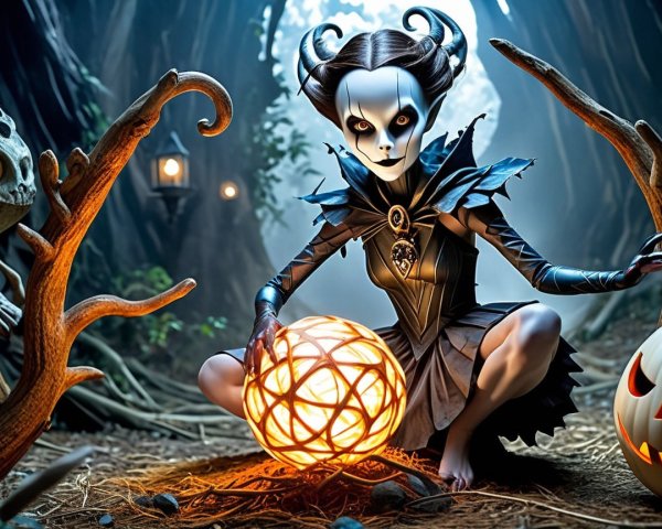 Mystical Forest Scene with Pale Figure and Lanterns