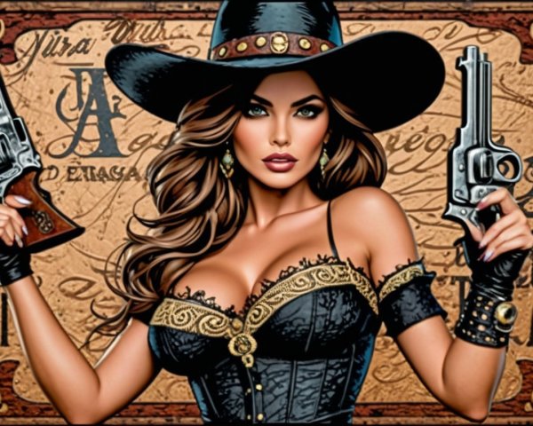 Vintage Western Woman in Corset with Revolvers