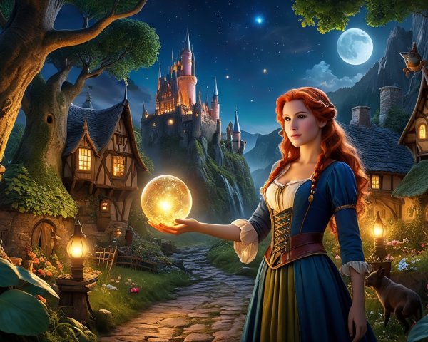 Young woman with red hair in a moonlit village
